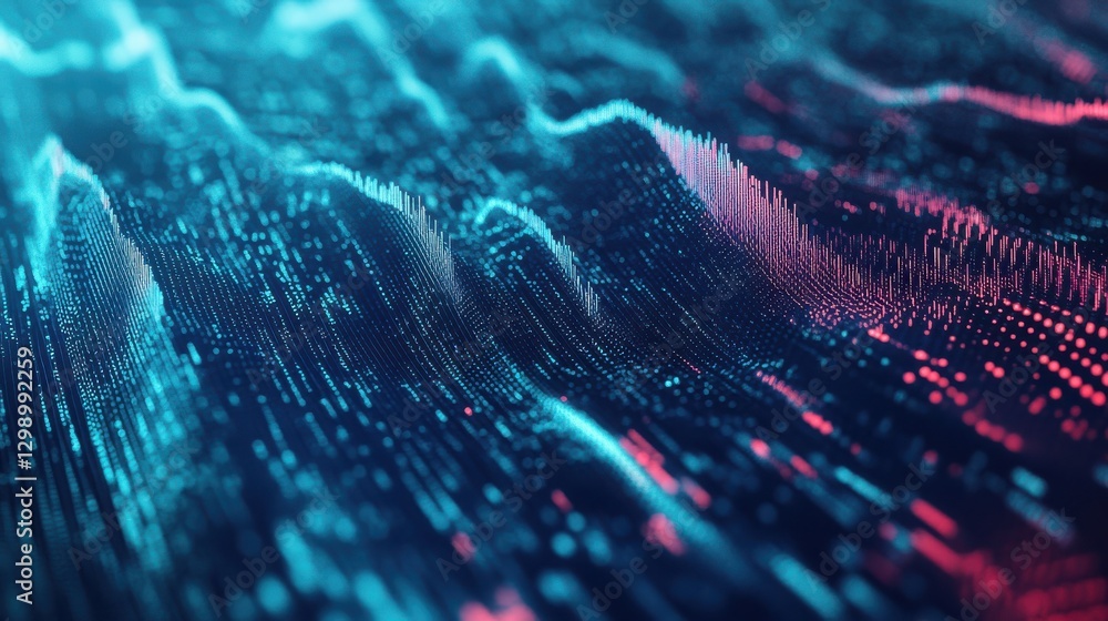 Poster digital waterfall cascading into a lake of charts and graphs, flow of efficient business data