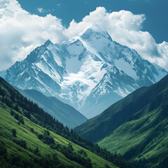 "Snow-Capped Mountains with Green Valleys Below, Symbolizing Renewal and Majestic Beauty"