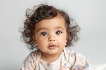 Naklejka premium Adorable mixed-race baby girl with curly hair, bright eyes, and a charming expression against a light background.