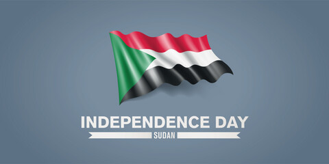 Sudan happy independence day greeting card, banner with template text vector illustration. Sudani memorial holiday design element with 3D flag with stripes