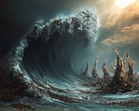 tidal wave on an alien planet with towering mutant seaweeds swaying in the pressure