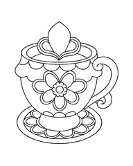 Whimsical Teacup Set with Floral Engravings – Elegant Adult Coloring Page on White Background