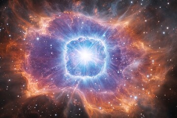white dwarf star, pulsating within a supernova remnant, radiant splotches of stellar dust surrounding it
