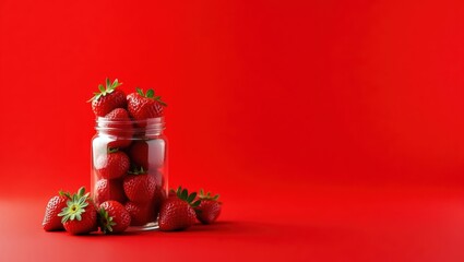 Fresh strawberries in a glass jar with a vibrant red background, healthy organic food concept