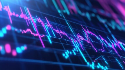Abstract glowing financial graphs with dynamic blue and purple neon lines