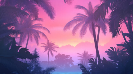 A vibrant tropical scene featuring palm trees silhouetted against a colorful sunset, creating a serene and dreamy atmosphere.