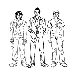 illustration design, man walking, sketch mood. Character design, sketch, three male characters, street fashion, casual wear, formal style, concept art, expressive poses, modern aesthetics, different c