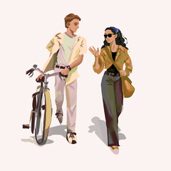 Fototapeta premium illustration design, man walking, sketch mood Digital painting, semi-realism, stylish couple, casual conversation, urban fashion,