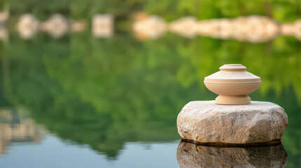 serene lake reflects decorative pot resting on stone, surrounded by lush greenery. tranquil scene evokes peace and harmony