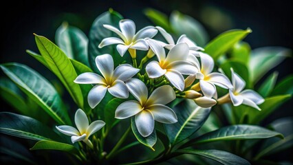 Fototapeta premium Tropical White Flowers Lush Green Leaves Black Background Tilt-Shift Photography