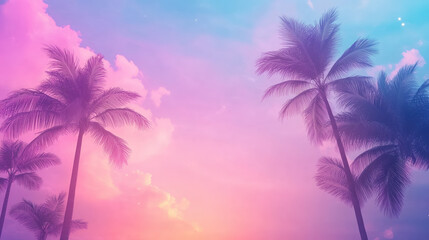 A vibrant sunset scene with palm trees silhouetted against a colorful sky, blending shades of pink, purple, and blue.
