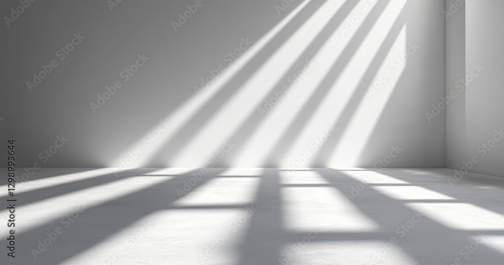 Poster light and shadow play in minimalist room with soft gray walls and floor, creating a peaceful atmosph