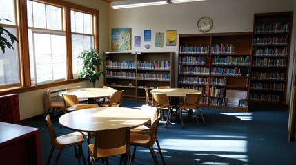 Sunny library study room with round tables, bookshelves, and large windows
