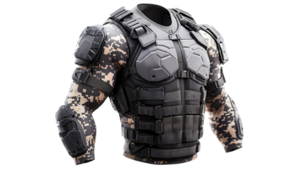 Png of Tactical Body Armor with Digital Camo and Protective Gear on transparent background.