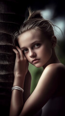 Fototapeta premium Young girl is standing in front of a tree, looking at the camera. She is wearing a bracelet and has her hand on her head. The image has a moody and mysterious feel to it