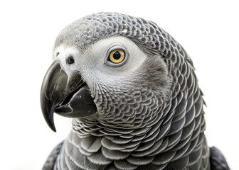 Fototapeta premium Ultra Realistic African Grey Parrot Photo, White Background, Bird Photography, Pet Portrait, Avian Wildlife