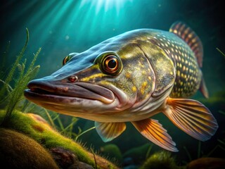 Fototapeta premium Underwater Northern Pike Hunting - Low Light Photography, Fish Predator, Aquatic Wildlife
