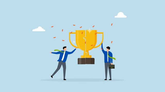 Win win situation, 4k animation of businessman connect trophy jigsaw piece to win together.