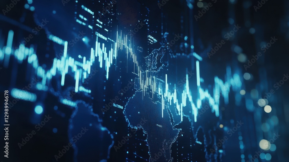 Poster digital background with stock market charts and graphs, world map in blue hues, focusing on candlest