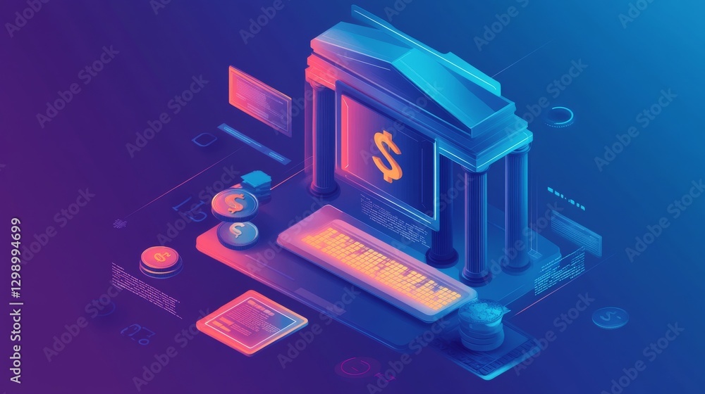 Poster banking software for transactions. it system, banking software, it service. header or footer banner 