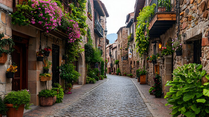Fototapeta premium Charming Cobblestone Street in a Historic European Town with Stone Buildings Flowers and Greenery