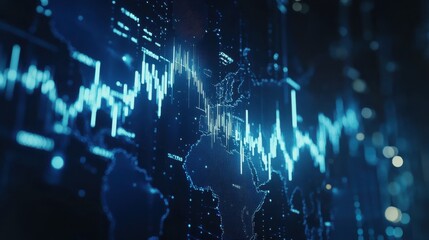 Digital background with stock market charts and graphs, world map in blue hues, focusing on candlestick chart patterns and financial data visualizations