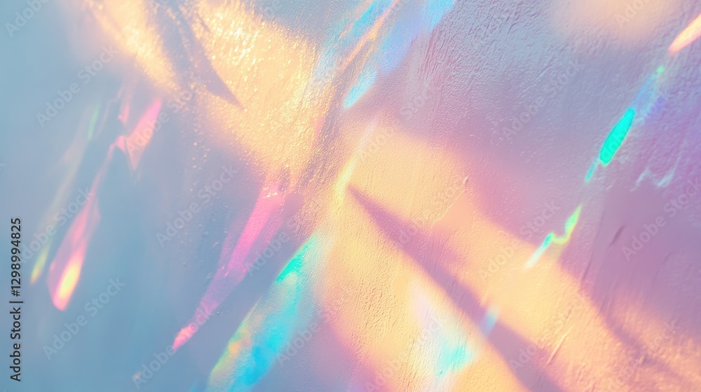 Poster dreamy holographic rainbow light refraction texture overlay with abstract soft bokeh effect on a whi