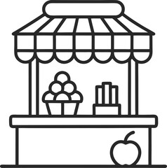 "Farmer’s Market Stall Editable Stroke Outline Icon" features a minimalistic stall with fresh produce like fruits, vegetables, and organic goods. This icon represents local markets, organic farming, a