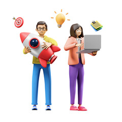 3D Render of a Man and Woman Collaborating on a Startup Project