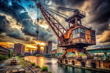 Urban Exploration: Rusty Crane River Port Cityscape - Industrial Photography