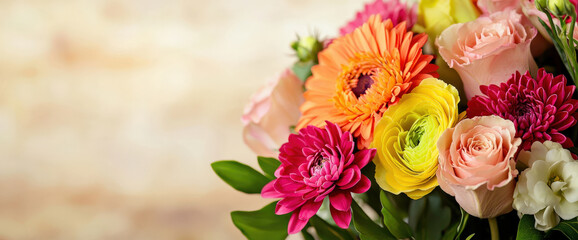vibrant flower arrangement featuring roses, gerbera daisies, and ranunculus, perfect for Mother Day celebrations