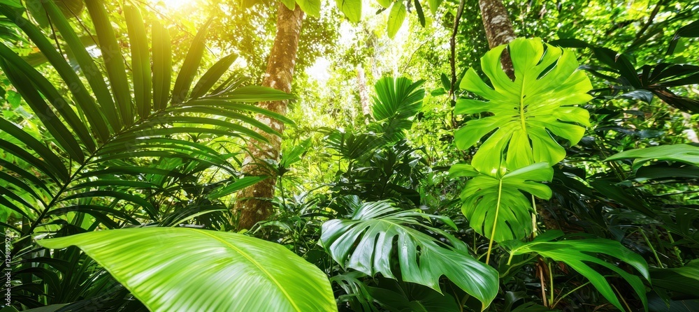 Poster lush green rainforest scene with vibrant leaves, sunlight filtering through the canopy, creating a s