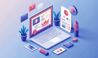 Isometric illustration of a digital marketing campaign, social media icons, SEO analytics dashboard, and targeted ads, minimal and professional vector art.
