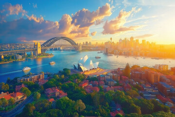 Scenic aerial view of Sydney Harbour with Opera House, iconic bridge, and golden sunlight reflecting on the water