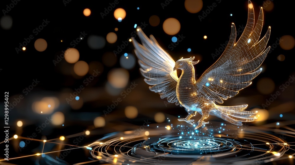 Poster dynamic digital phoenix rising from water abstract art creation futuristic environment close-up view