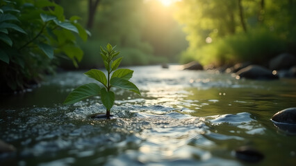 Fototapeta premium Resilient Sprout Emerging in Flowing Stream