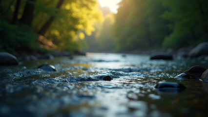 Fototapeta premium Sunlit Stream, Tranquil Forest Water Flowing