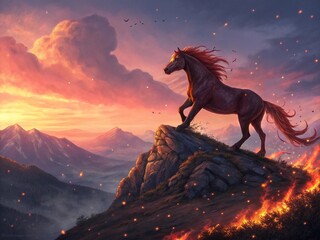 Obraz premium A powerful Red Fire Horse standing on a mountain peak, surrounded by glowing embers and swirling fire, dramatic sunset, hyper-realistic, intricate details, fantasy illustration