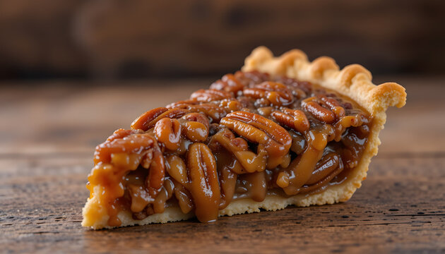 A warm, gooey slice of caramel pecan pie with a golden-brown crust, topped with glistening pecans coated in a rich caramel glaze.