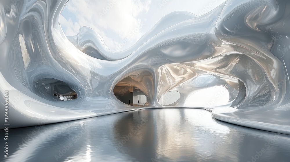 Poster futuristic architecture with reflective surfaces and fluid design elements