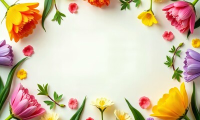 Obraz premium Colorful spring flowers, leaves, and petals arranged in a circular pattern on a pastel background, leaving a blank center for text or design.