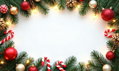 Christmas decorations, baubles, candy canes, pine branches, and fairy lights creating a festive border, with a clean space in the middle for holiday messages.
