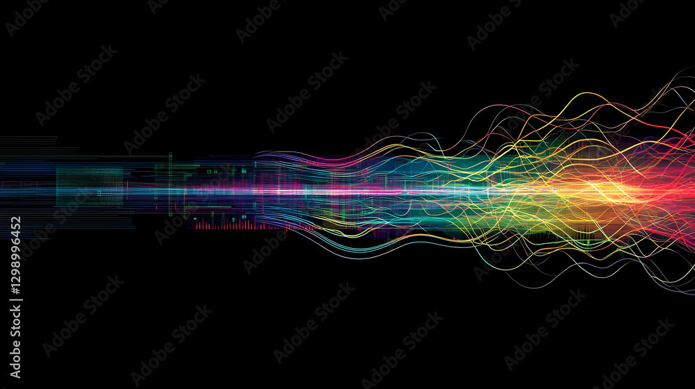 Poster abstract digital data stream visualization in bright colors against dark background