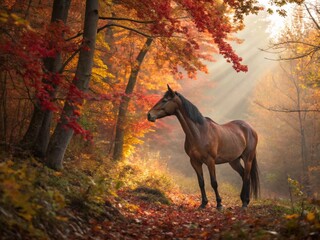 A strong chestnut horse walks through an autumn forest, surrounded by falling red and orange A strong chestnut horse walks through an autumn forest, surrounded by falling red and orange leaves