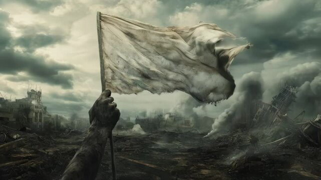 Tattered white flag is raised in midst post-apocalyptic wasteland, surrounded by destruction and smoke. Concept surrender, war, devastation, survival, despair, hope.