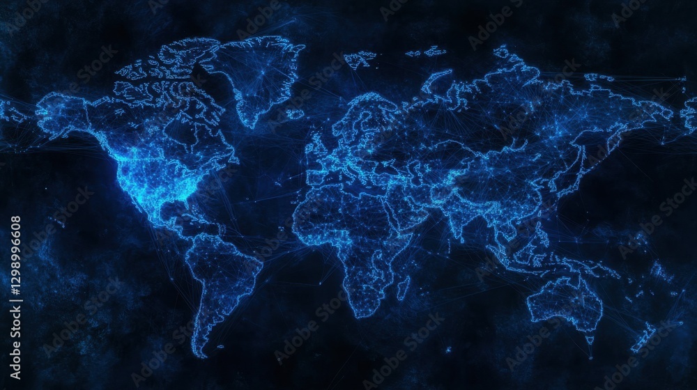 Poster abstract digital world map with global network connections and data transfer, technology background 
