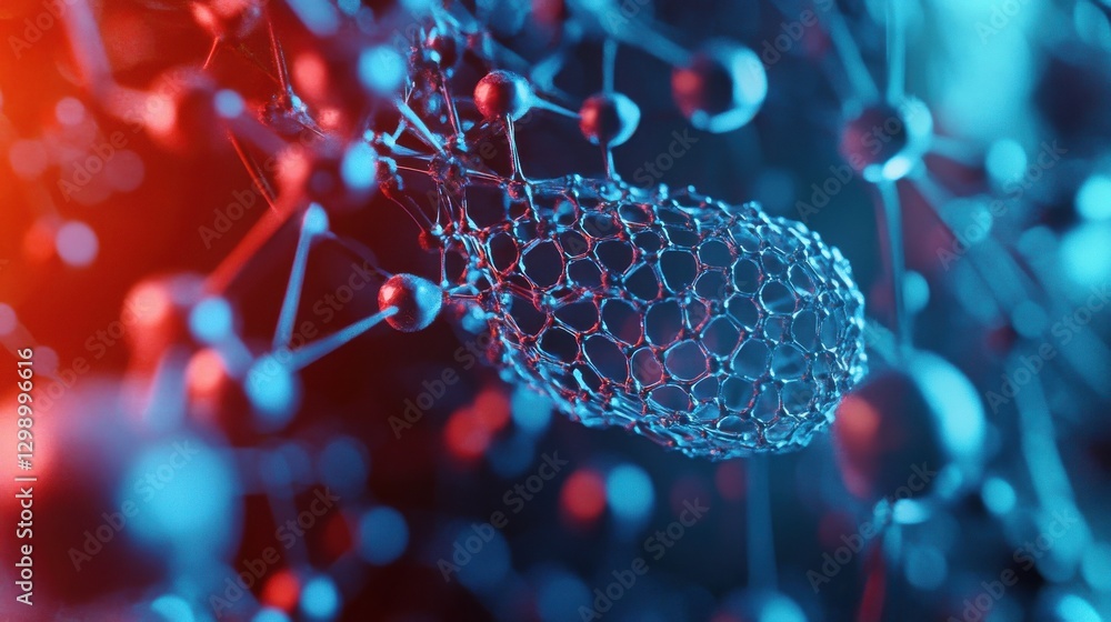 Poster a close-up view of a network is depicted in an abstract nanotechnology 3d illustration.