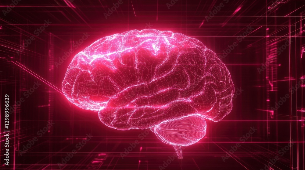 Aufkleber a digital blueprint-style illustration of a human brain, with glowing plexus lines drawn in a wirefr