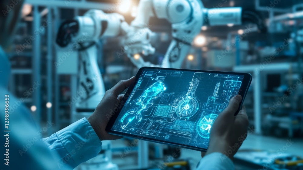 Aufkleber tablet shows a man's hand holding it with augmented reality software and a blue hue. in the backgrou