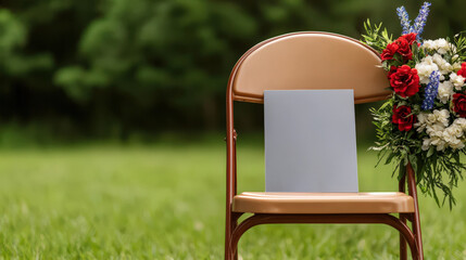 empty chair at Memorial Day ceremony, symbolizing remembrance and honor. chair is adorned with flowers, creating poignant atmosphere